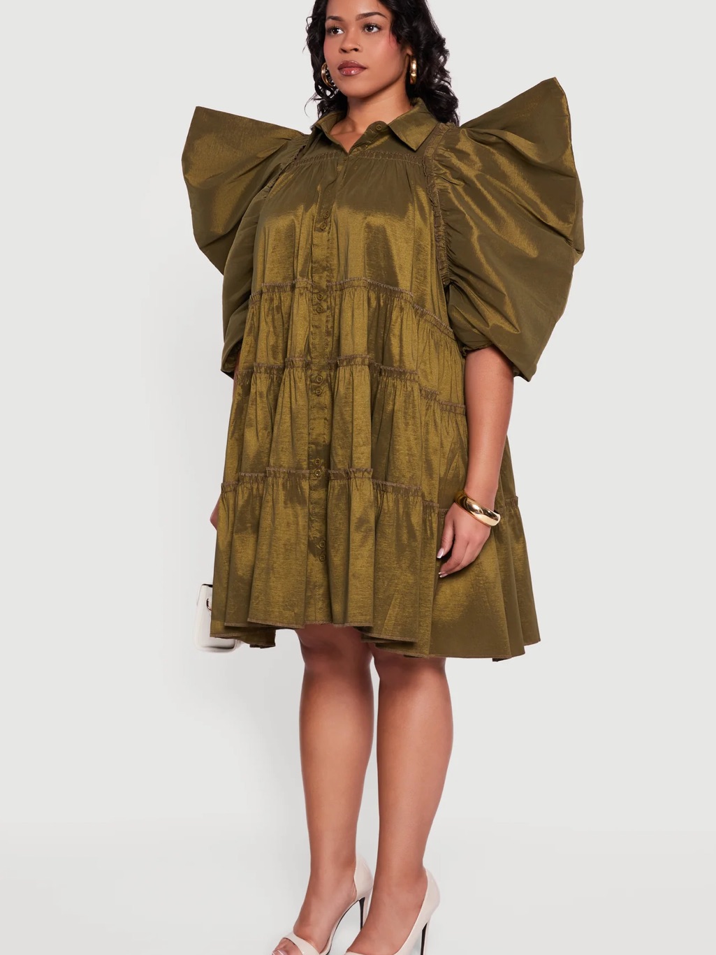 Olive Puff-Sleeve Tiered Mini Dress